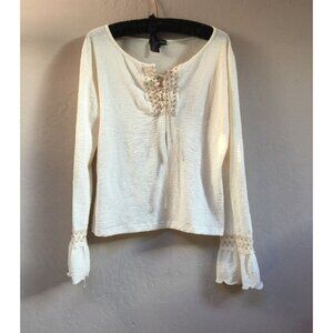 Jessica Max USA Womens XL Lace Up Long Bell Sleeve Blouse Top Ivory Stretch